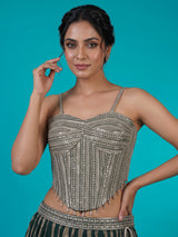 Green crushed tissue blend lehenga choli with elegant resham zari work