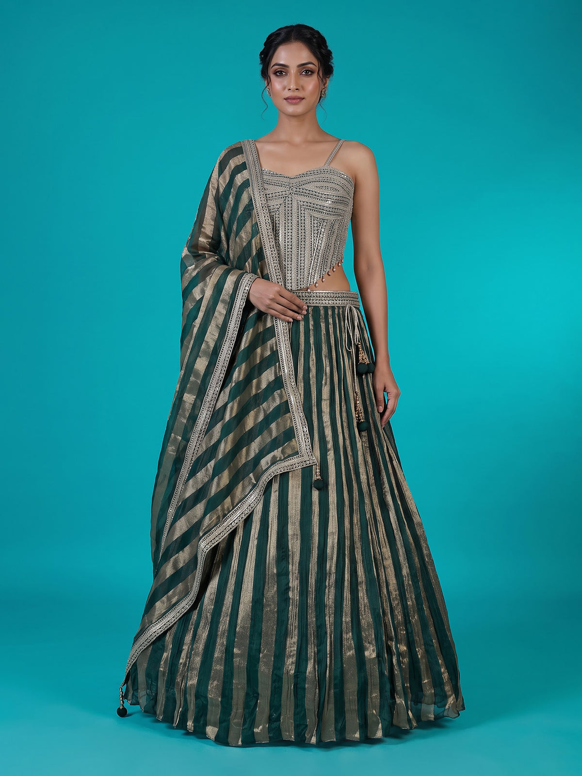 Green crushed tissue blend lehenga choli with elegant resham zari work