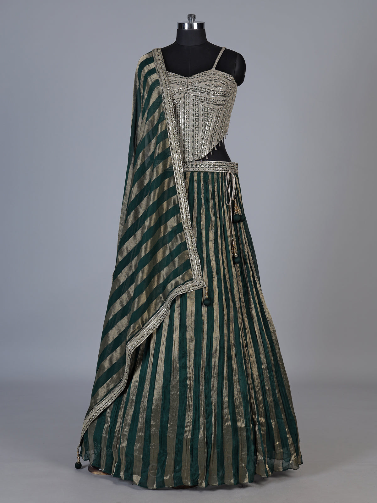 Green crushed tissue blend lehenga choli with elegant resham zari work