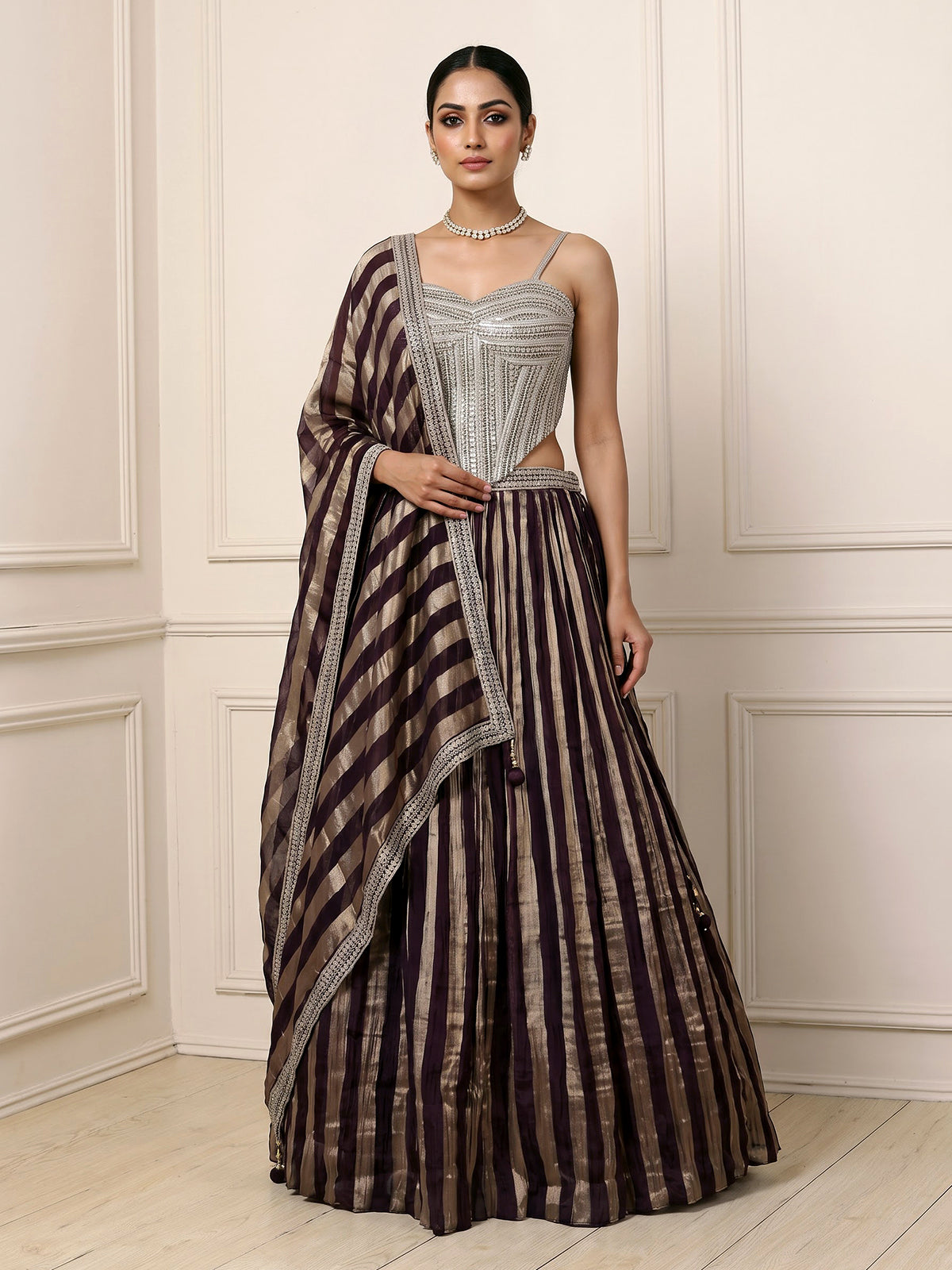 Purple crushed tissue blend lehenga choli with resham zari elegance