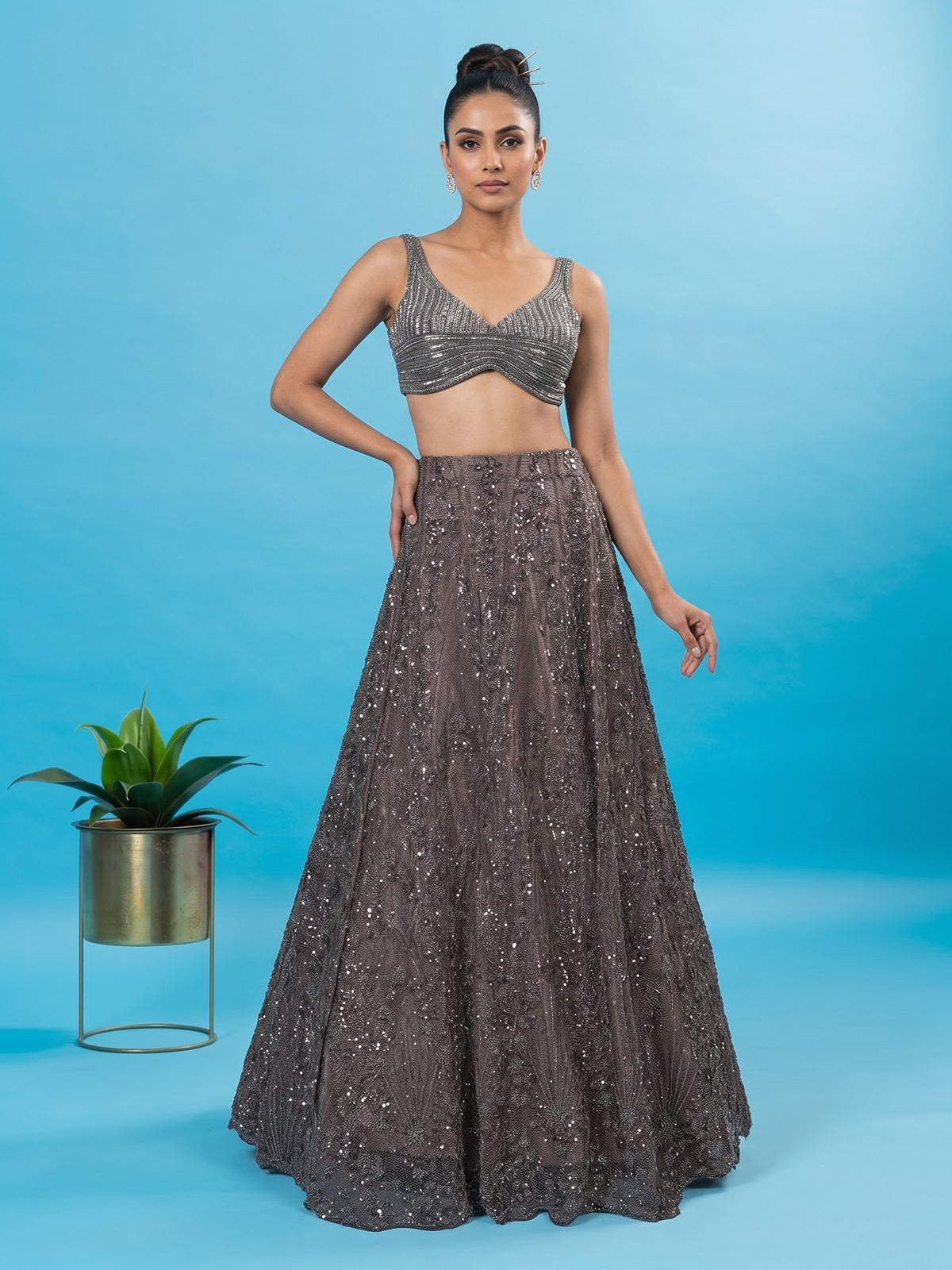 Mauve brown designer net lehenga choli with heavy embellishments