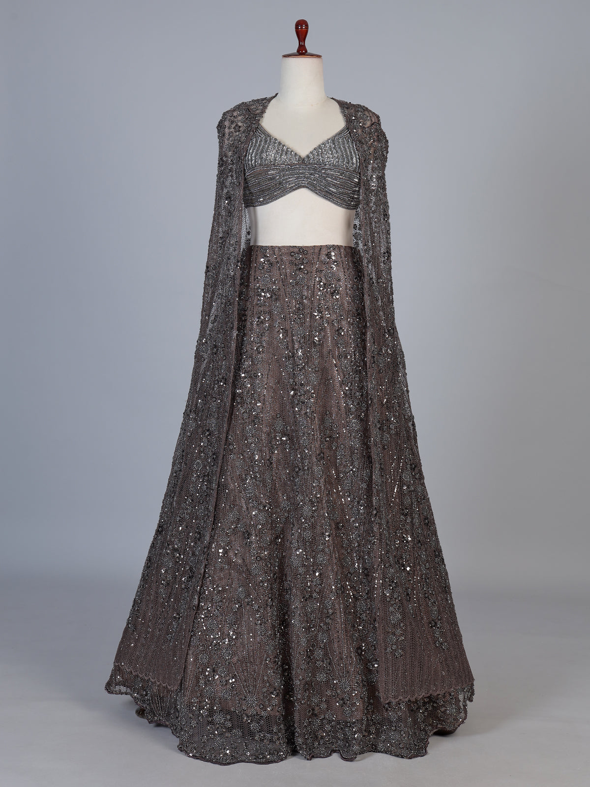Mauve brown designer net lehenga choli with heavy embellishments