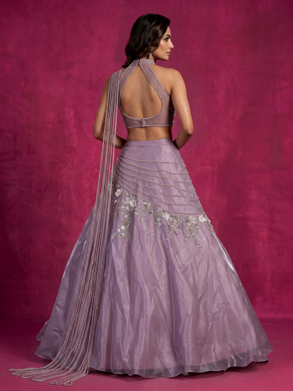 Lavender purple organza lehenga choli with resham pearl detailing