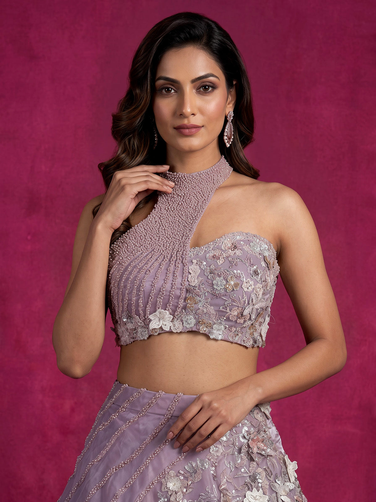 Lavender purple organza lehenga choli with resham pearl detailing