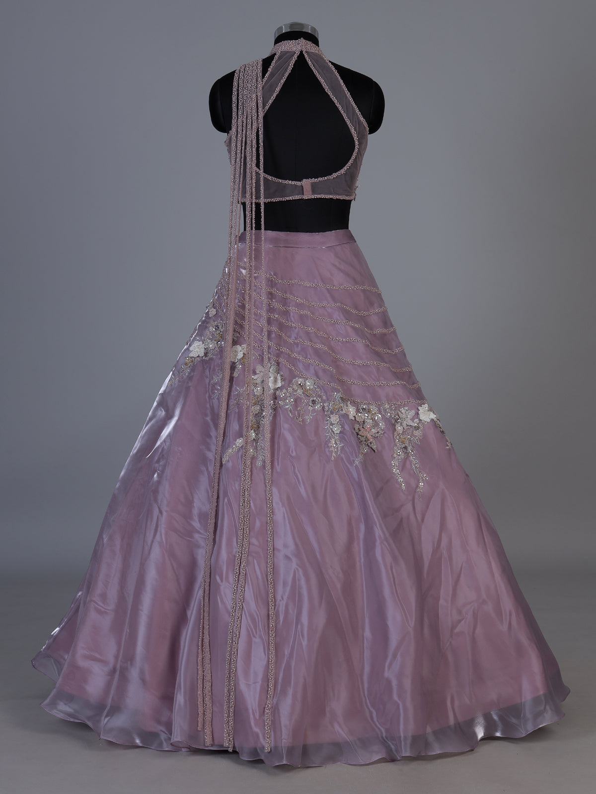 Lavender purple organza lehenga choli with resham pearl detailing