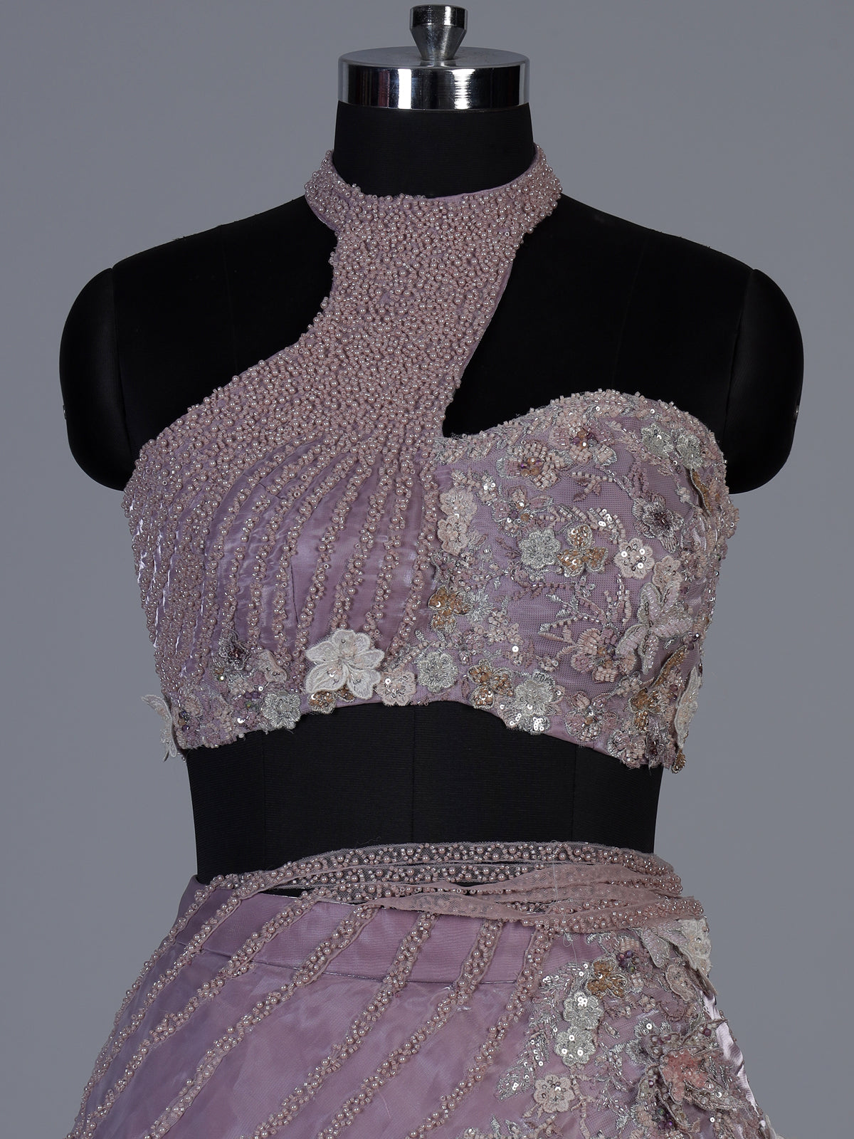 Lavender purple organza lehenga choli with resham pearl detailing