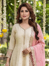 Cream silk heavily embellished festive wear anarkali suit