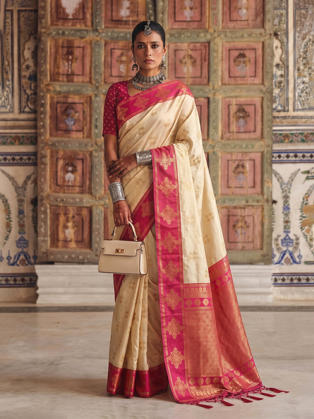 Elegant cream festive silk saree women