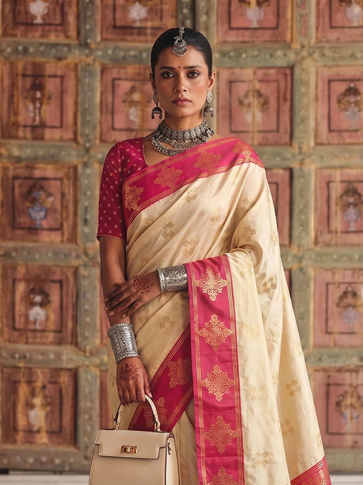 Elegant cream festive silk saree women