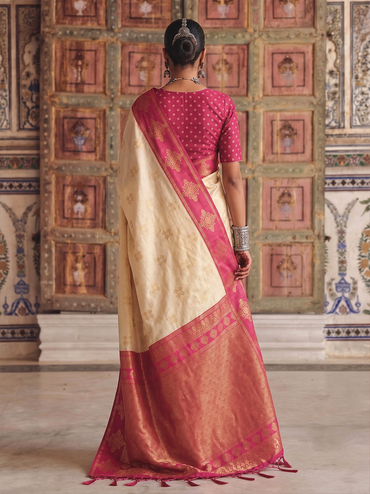 Elegant cream festive silk saree women
