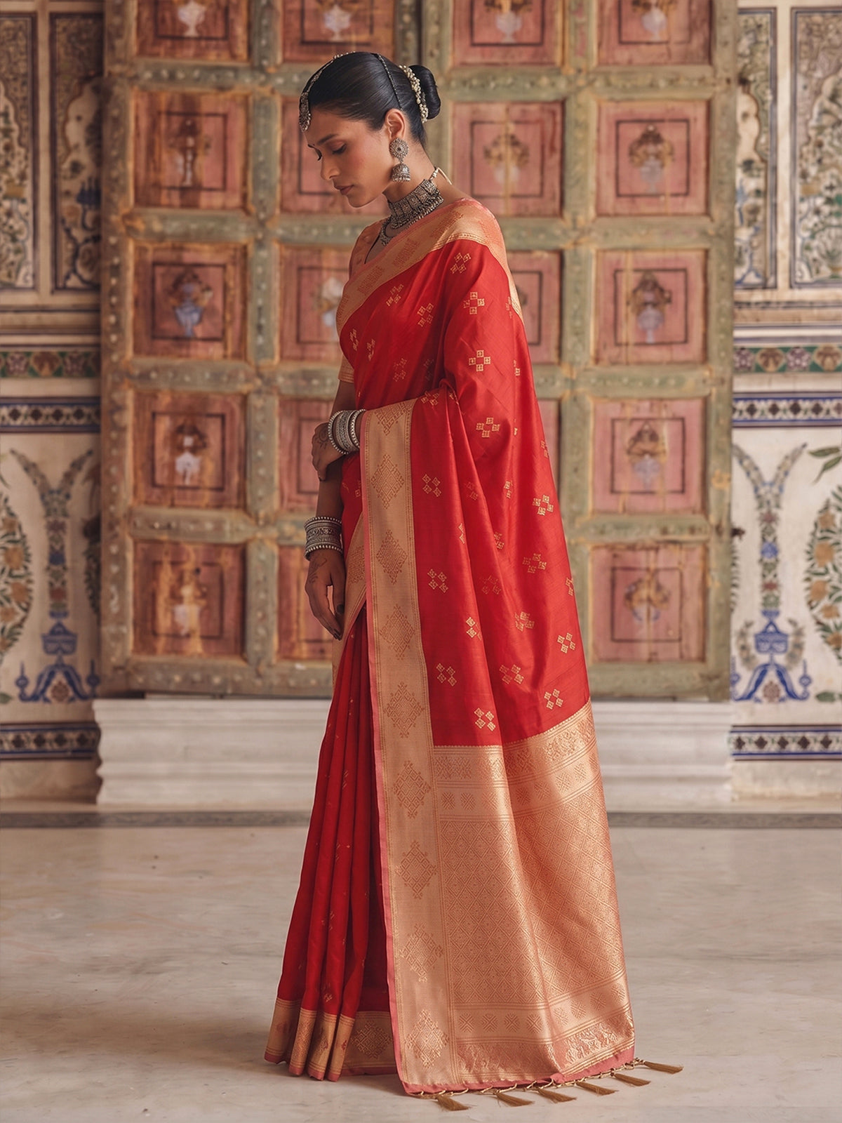 Heritage red woven silk saree for women
