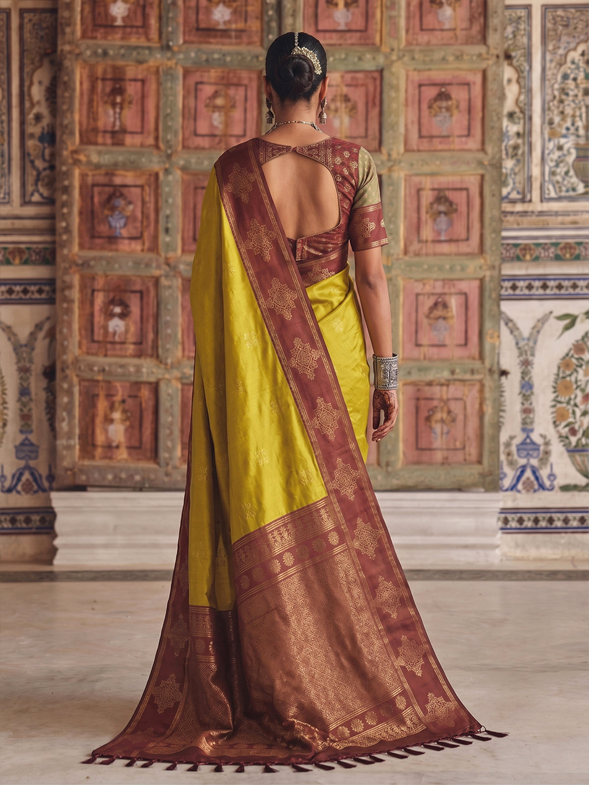 Opulent yellow traditional silk saree women