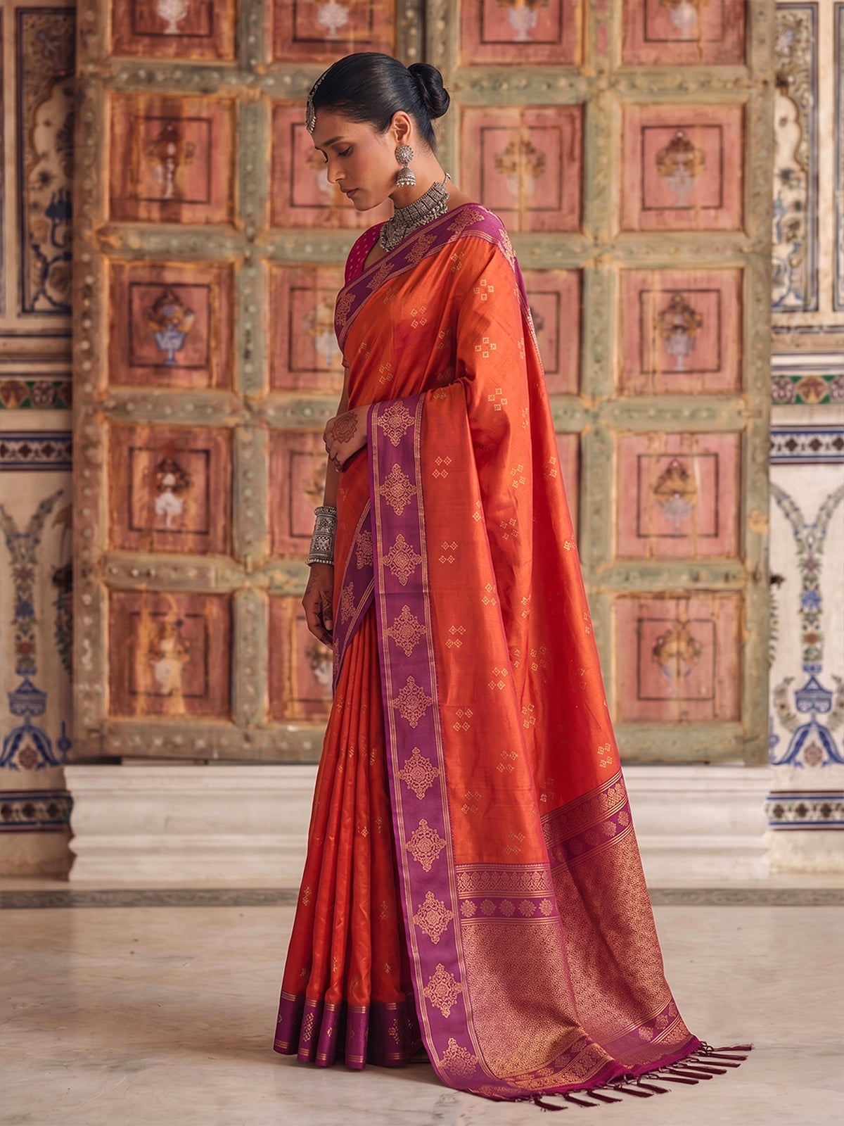 Radiant orange designer silk saree women