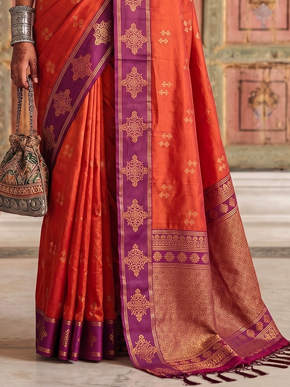 Radiant orange designer silk saree women