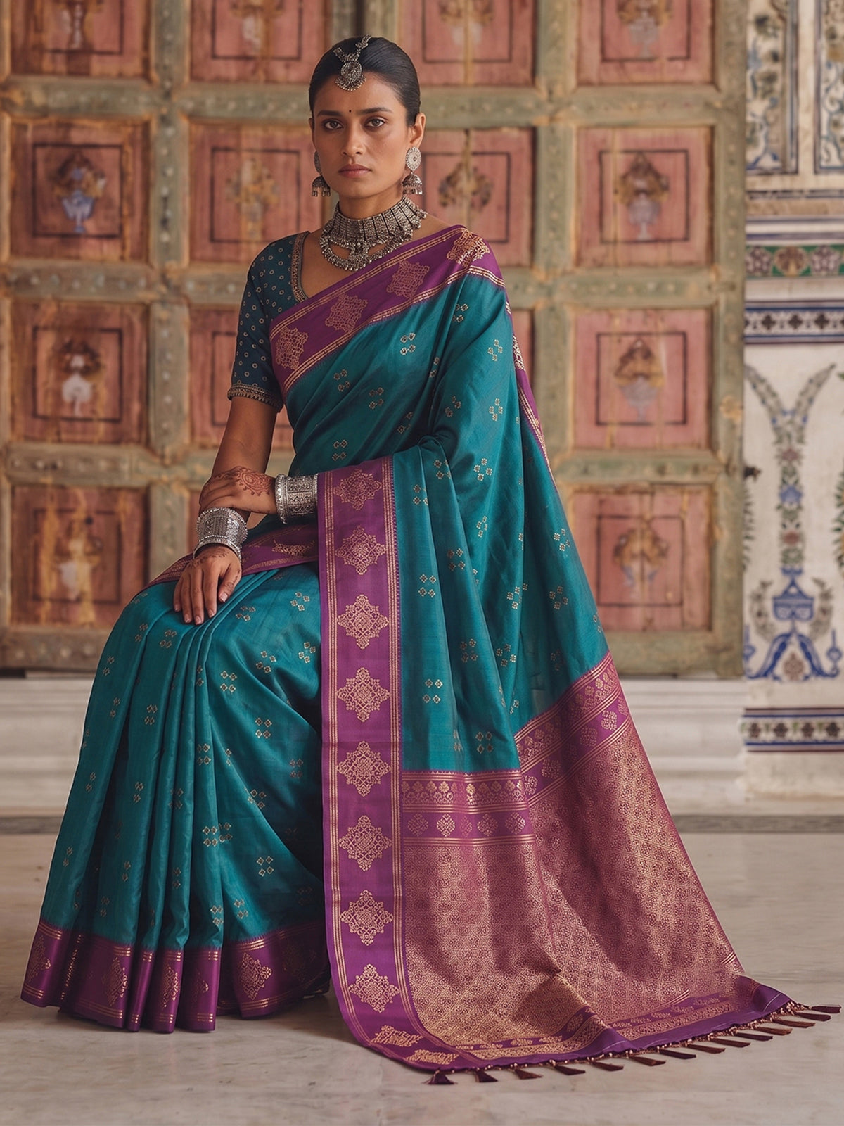 Majestic blue festive silk saree for women