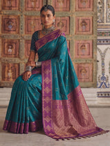 Majestic blue festive silk saree for women