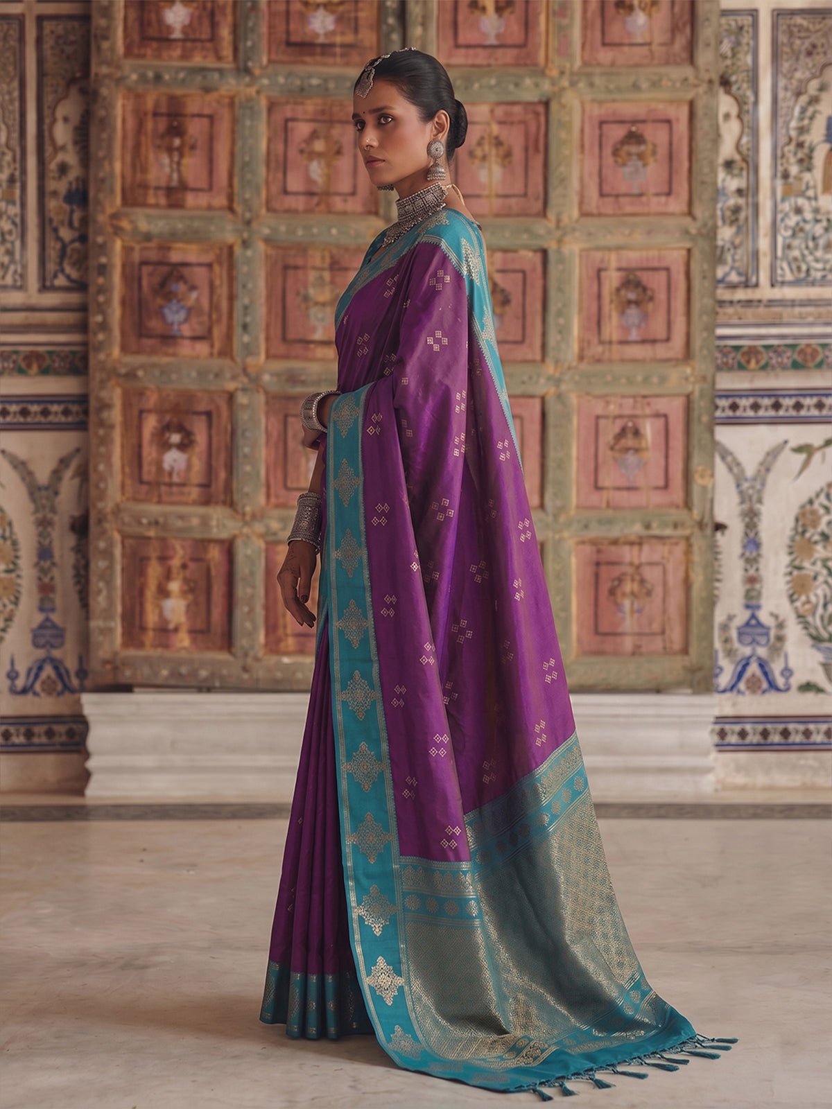 Regal purple soft silk saree with zari detailing