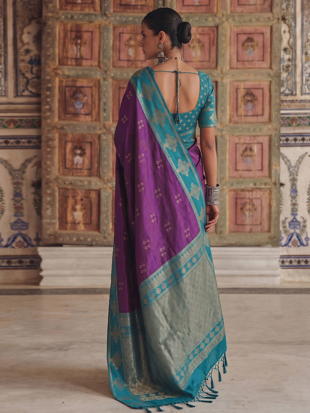 Regal purple soft silk saree with zari detailing