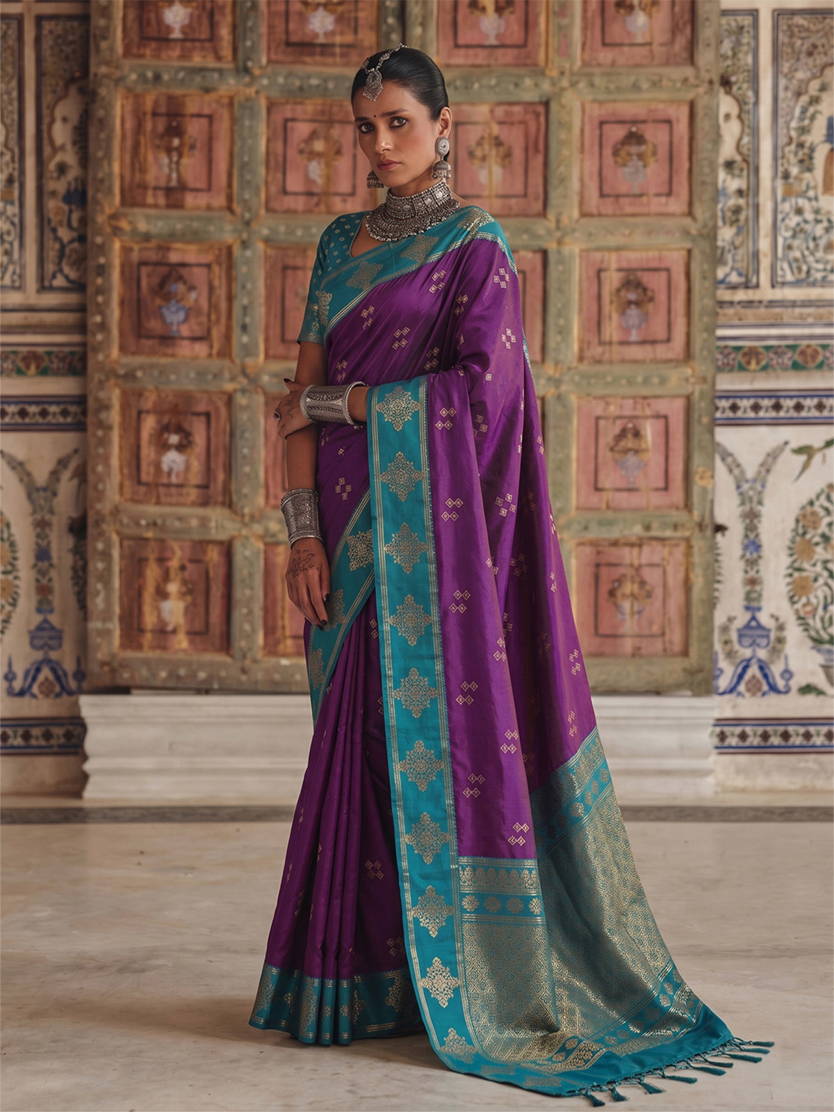 Regal purple soft silk saree with zari detailing