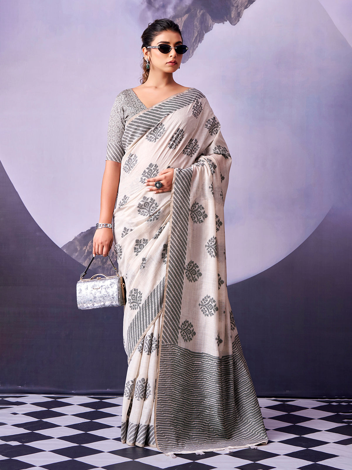 Timeless off white printed cotton saree women