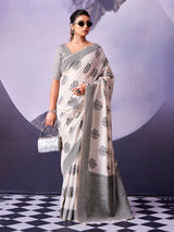 Timeless off white printed cotton saree women