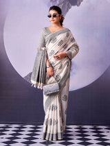 Timeless off white printed cotton saree women