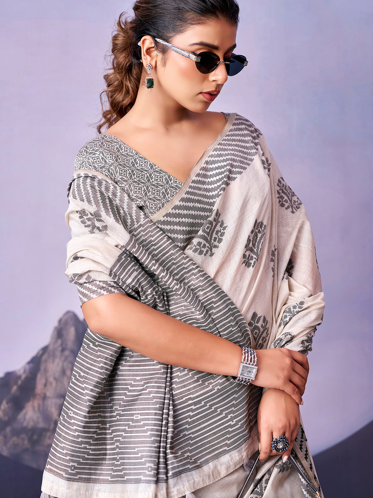 Timeless off white printed cotton saree women