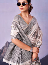 Timeless off white printed cotton saree women