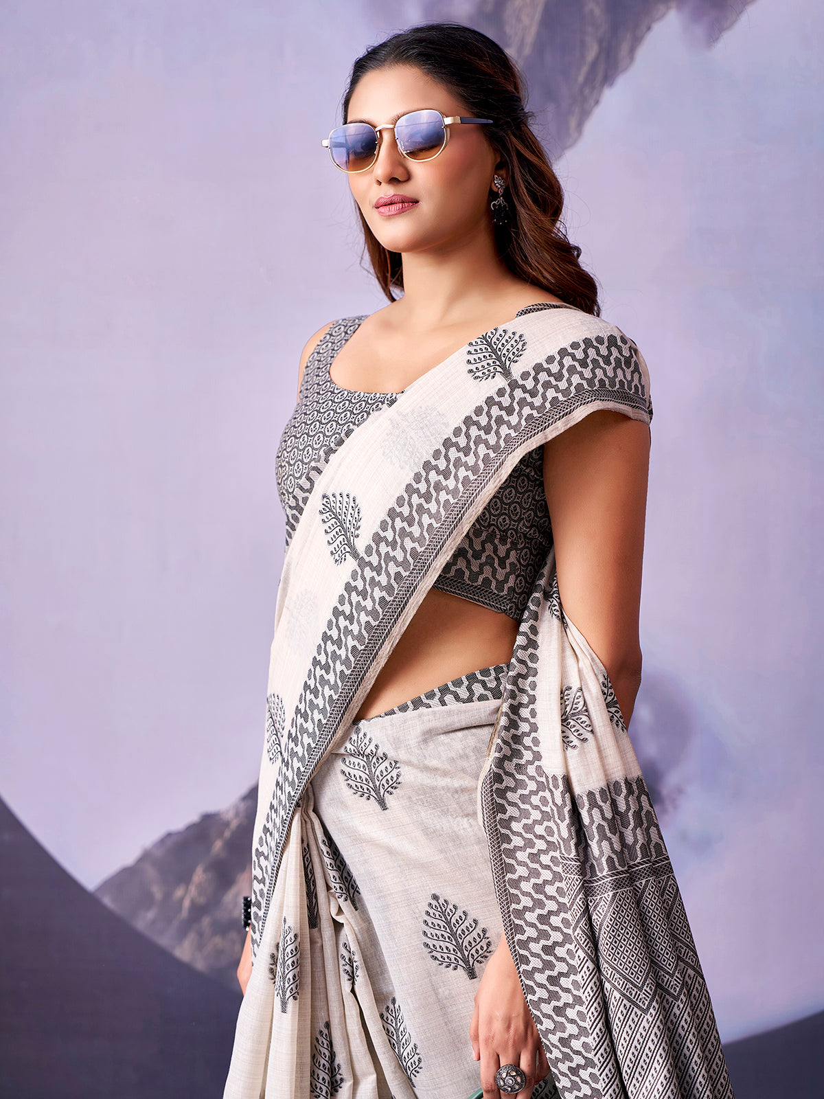 Charming off white designer cotton saree women