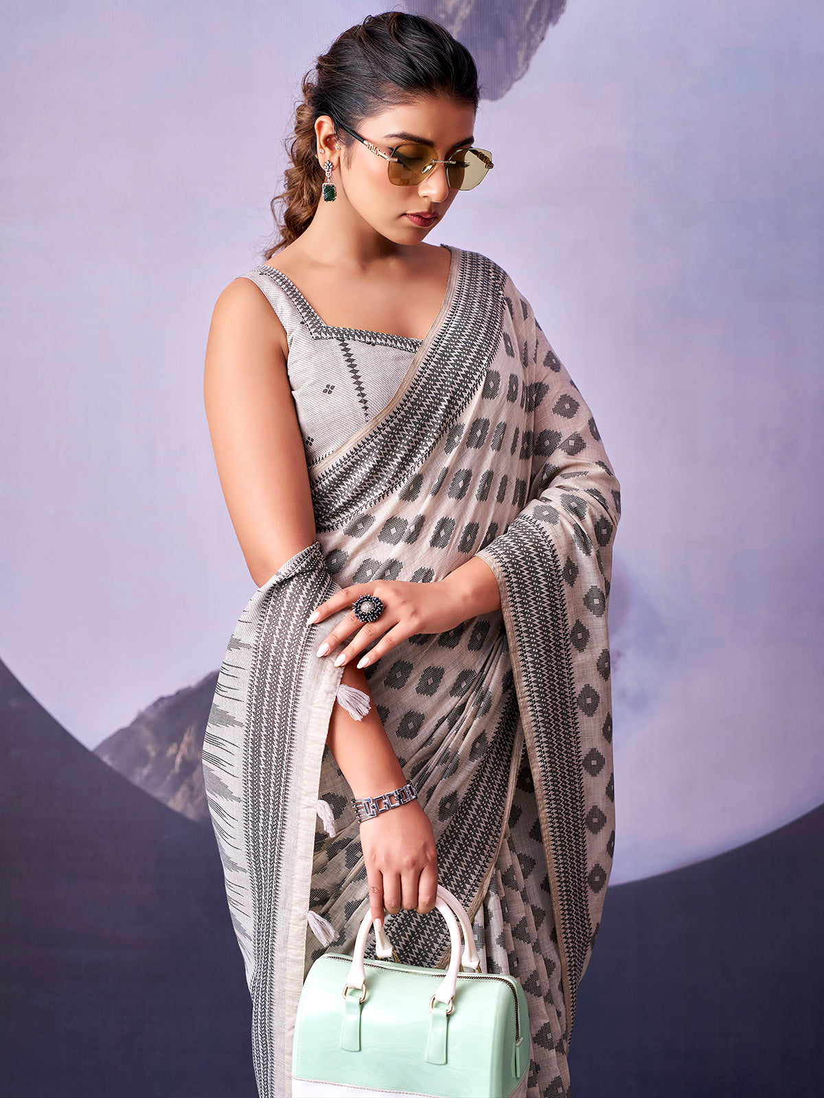 Premium off white cotton festive saree women