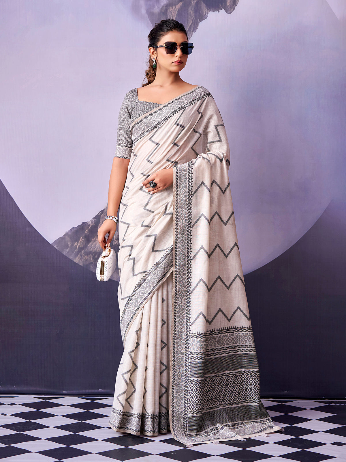 Classic off white ethnic cotton saree women