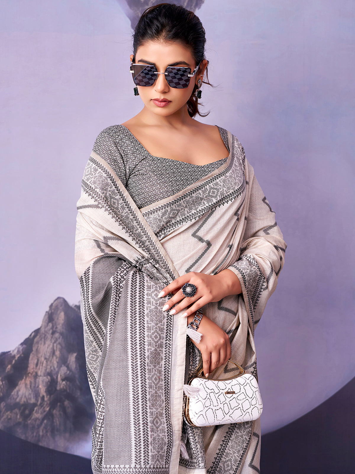 Classic off white ethnic cotton saree women