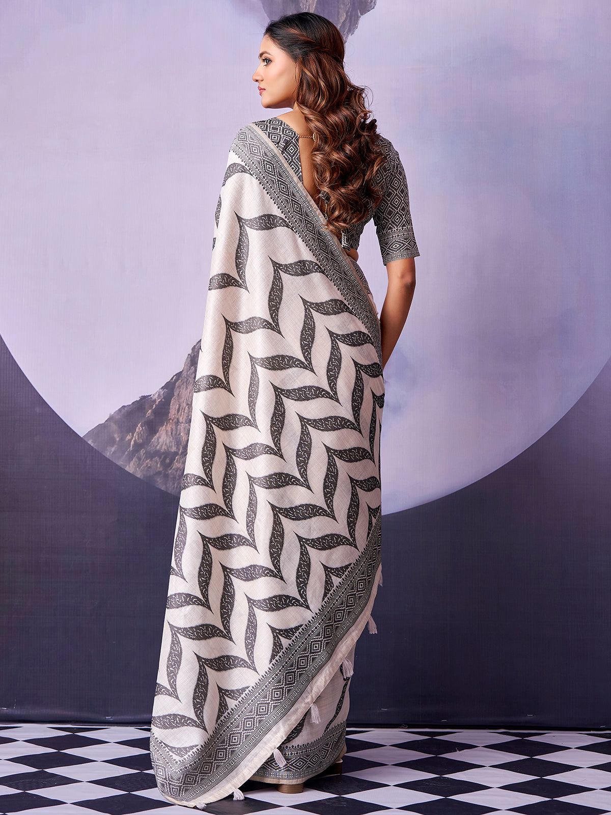 Heritage off white printed cotton saree women
