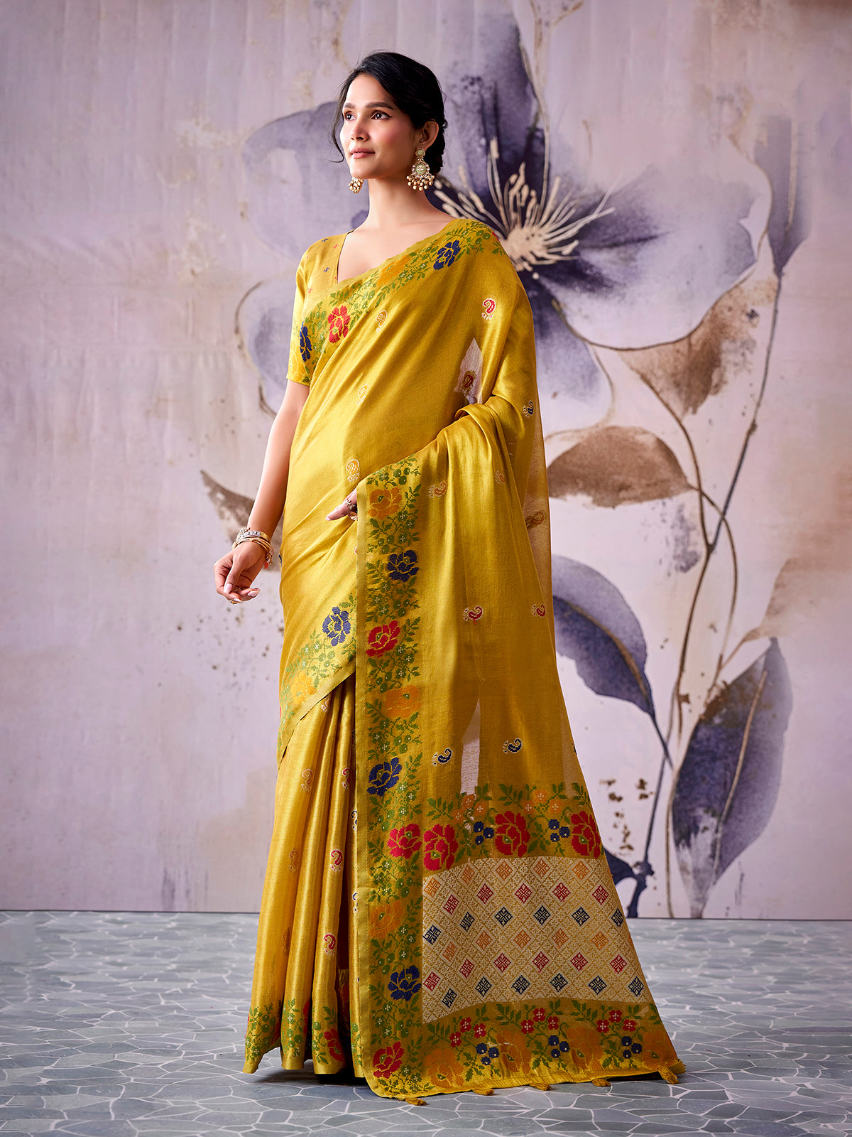 Heritage yellow festive tissue silk saree