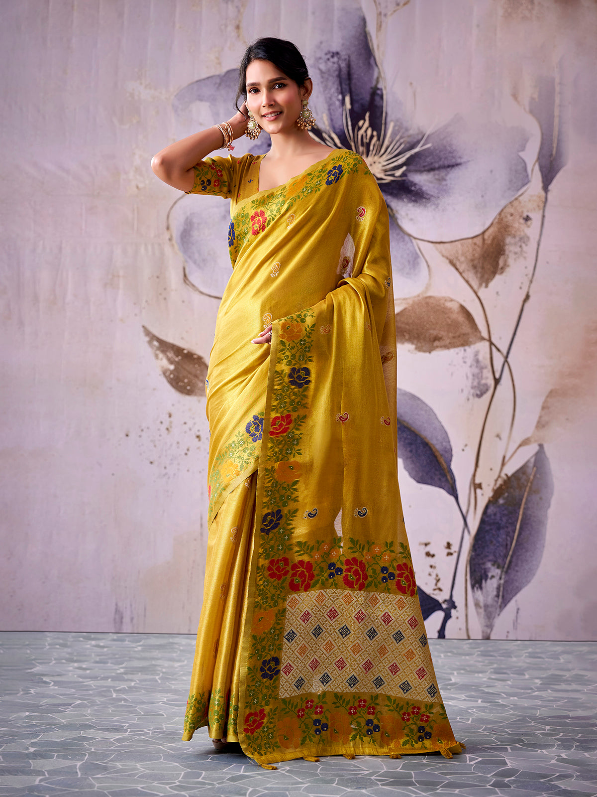 Heritage yellow festive tissue silk saree