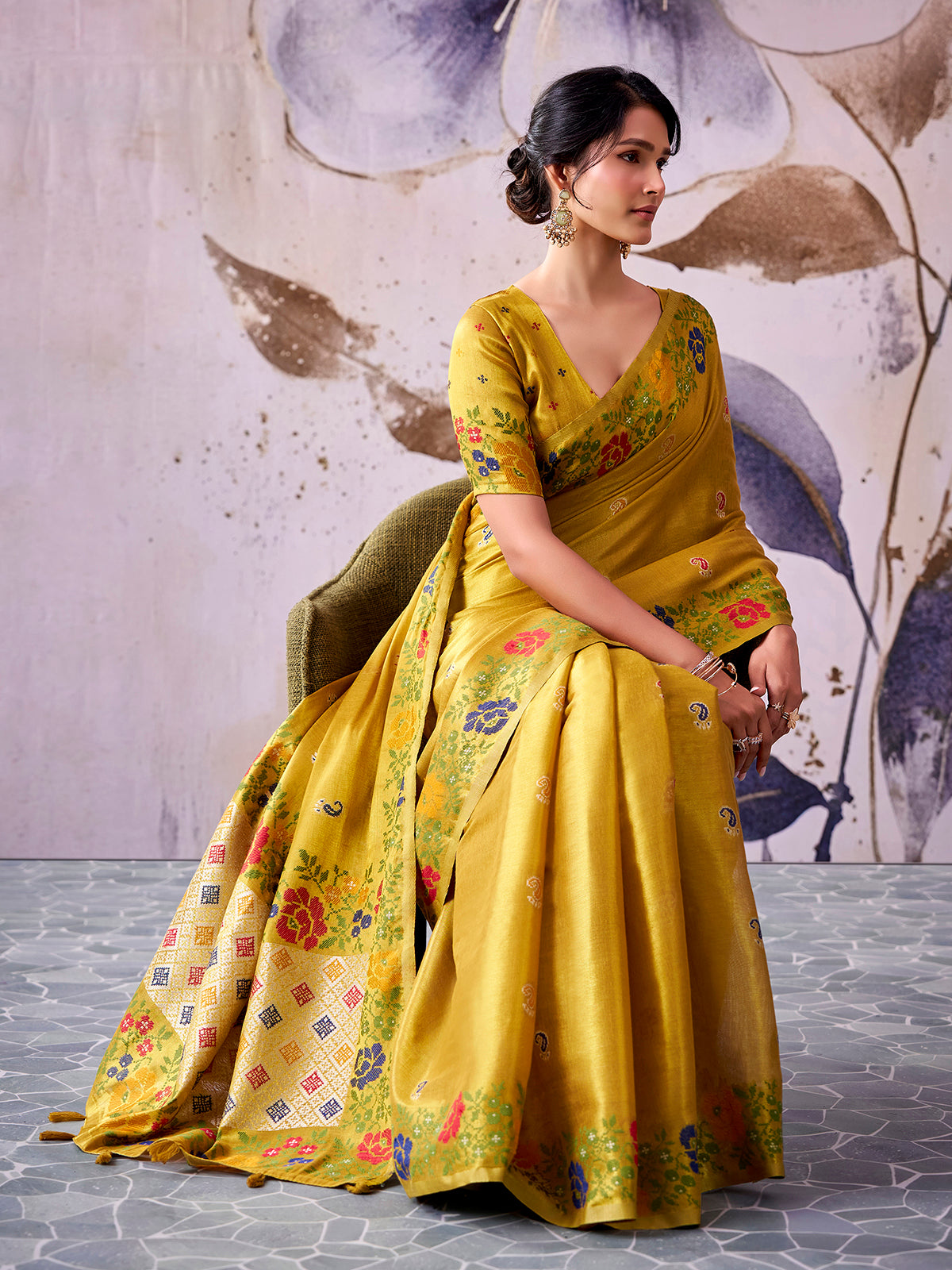 Heritage yellow festive tissue silk saree