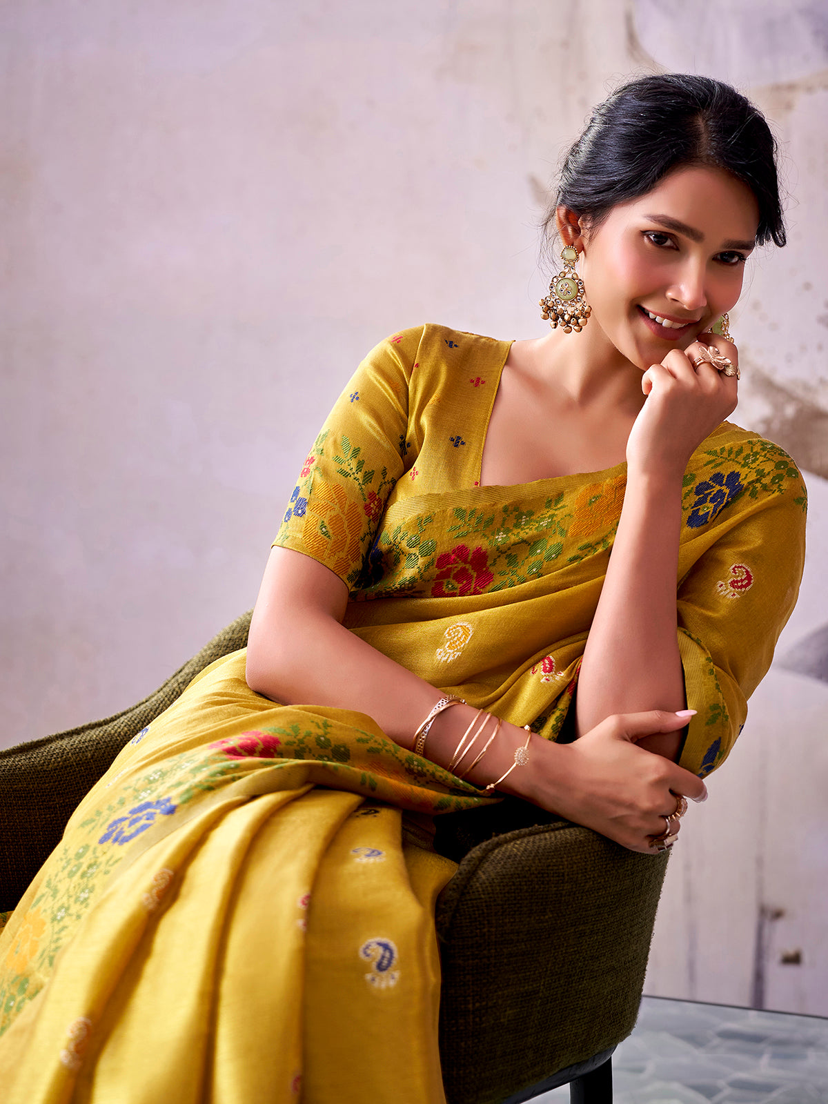 Heritage yellow festive tissue silk saree