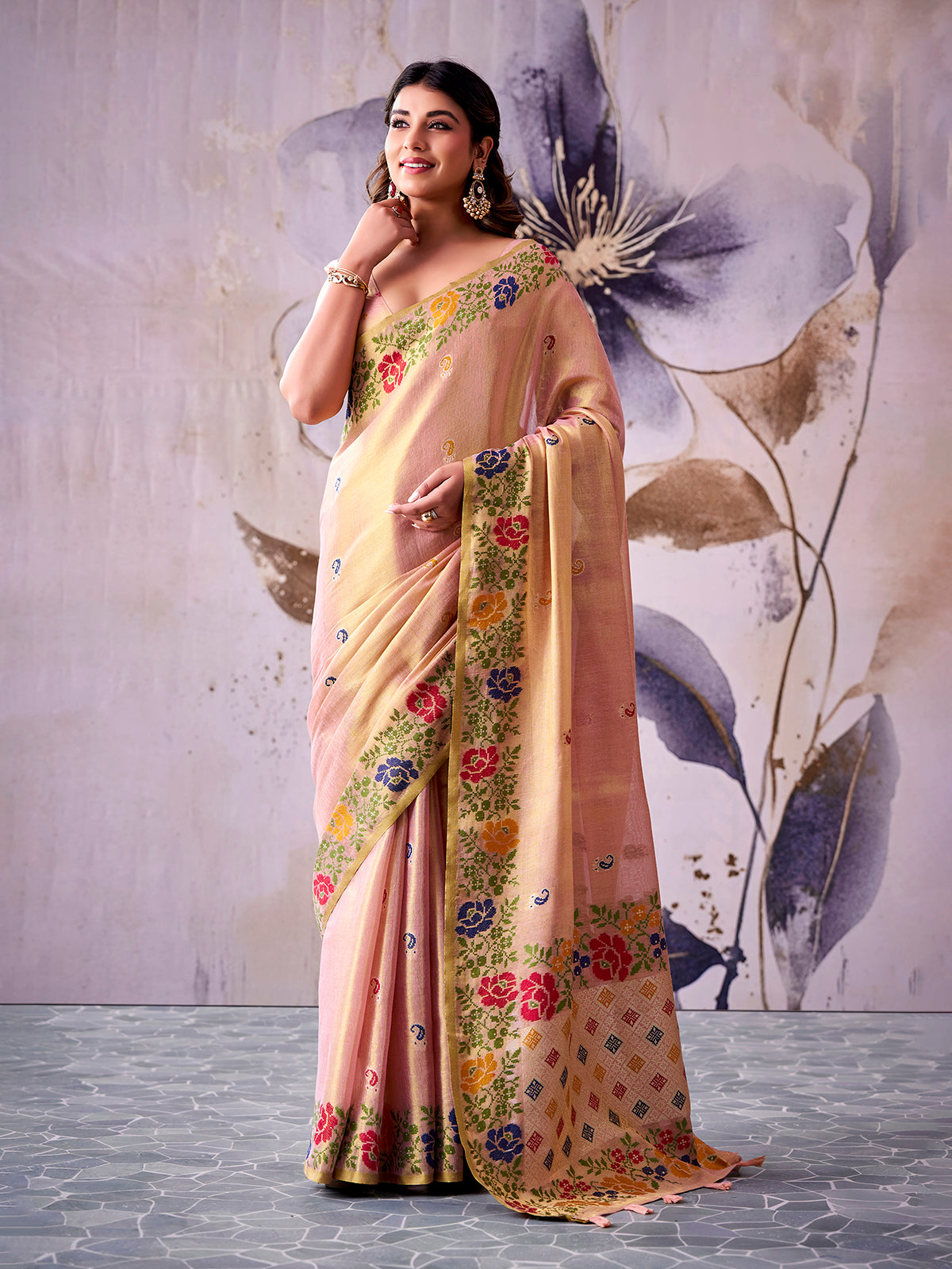 Elegant peach woven tissue silk saree women