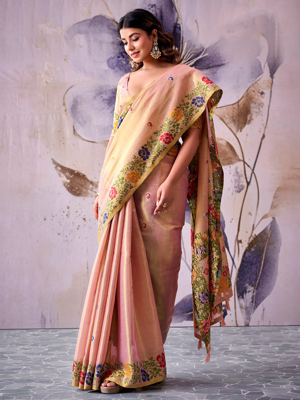 Elegant peach woven tissue silk saree women