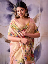 Elegant peach woven tissue silk saree women