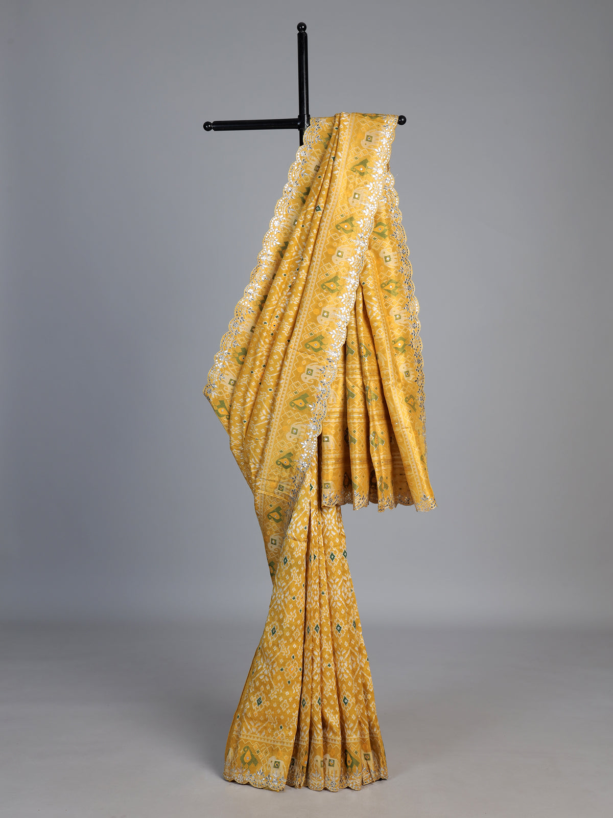 Mustard yellow soft silk saree with vibrant patola printed elegance