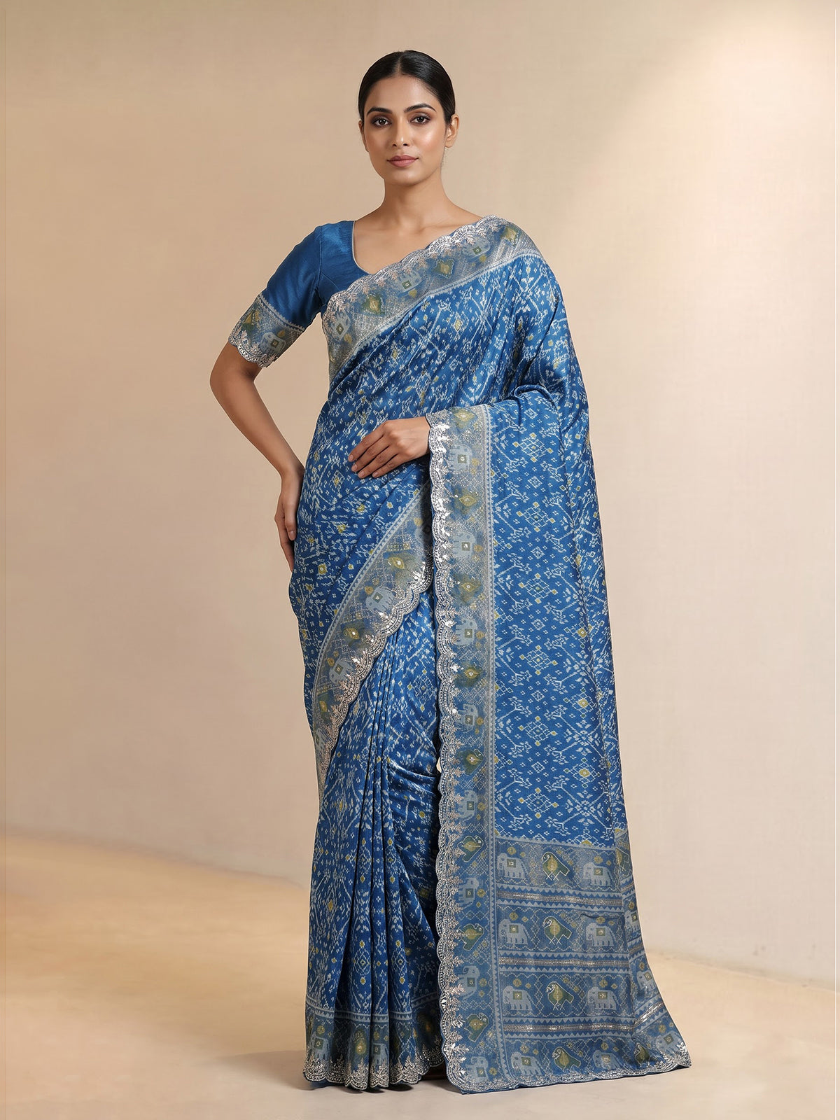 Blue soft silk saree with beautiful patola printed detailing