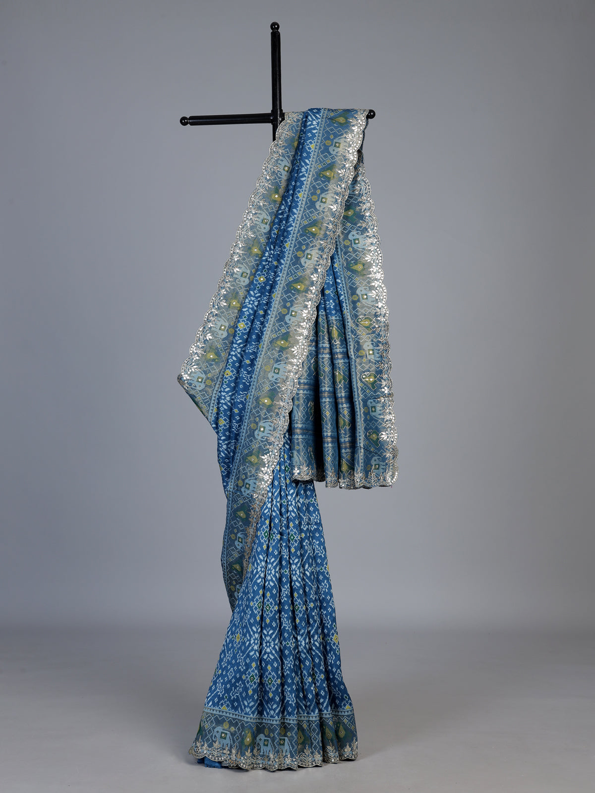 Blue soft silk saree with beautiful patola printed detailing