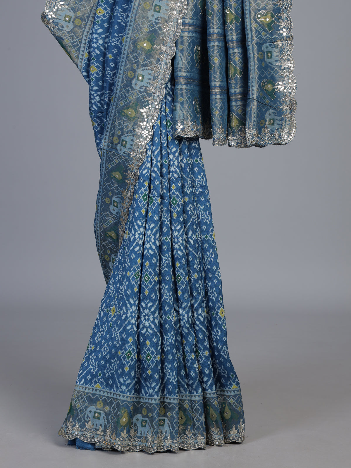 Blue soft silk saree with beautiful patola printed detailing