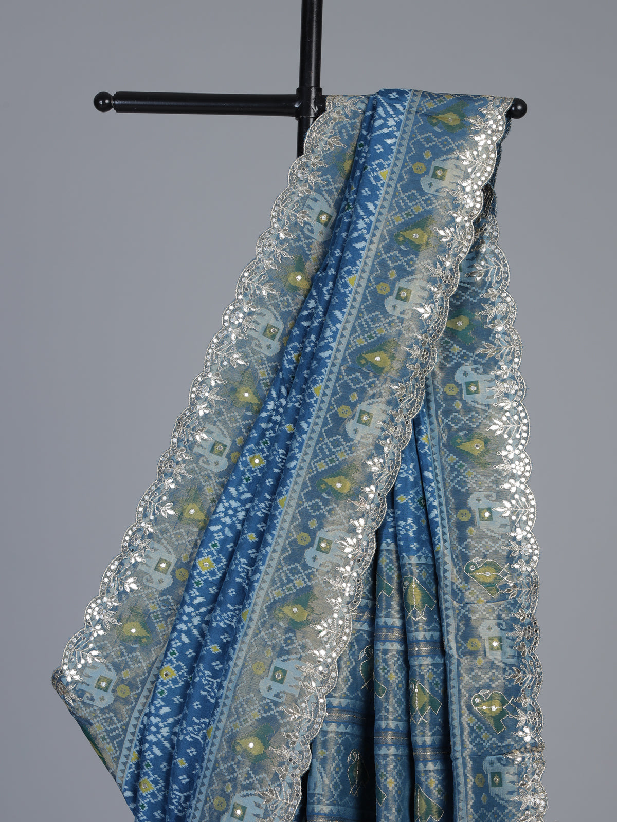 Blue soft silk saree with beautiful patola printed detailing