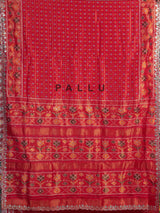 Red soft silk saree with traditional ikat printed zari elegance