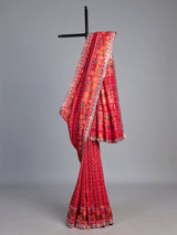 Red soft silk saree with traditional ikat printed zari elegance