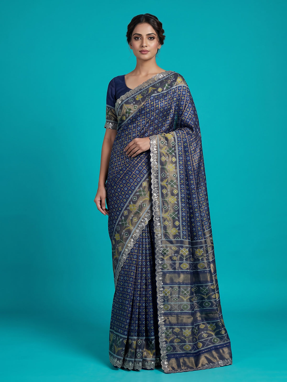 Blue soft silk saree with elegant ikat printed craftsmanship