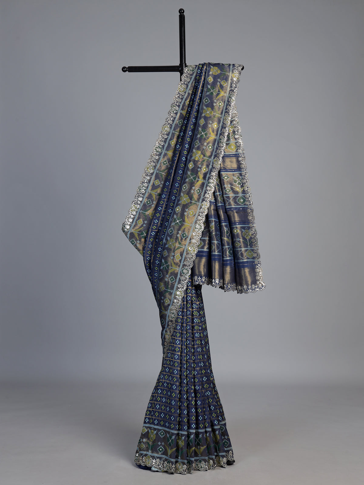 Blue soft silk saree with elegant ikat printed craftsmanship