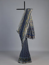 Blue soft silk saree with elegant ikat printed craftsmanship